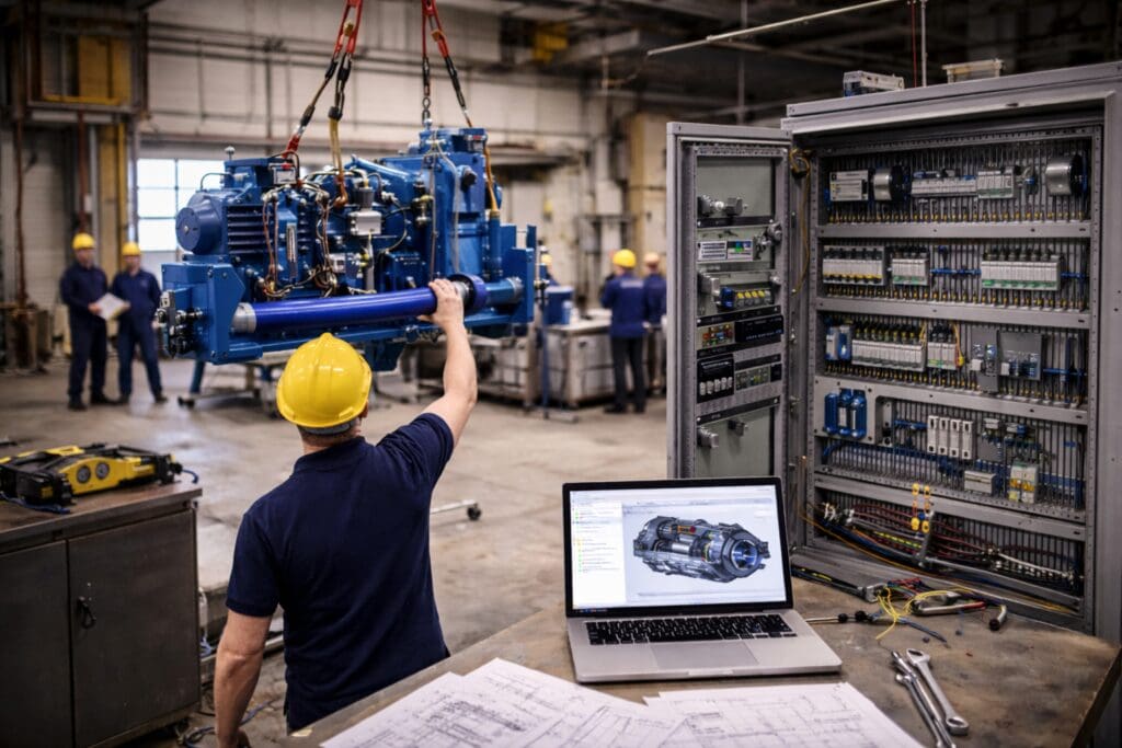 Ingeniør arbejder med maskinkonstruktion, CAD-design og automation i forbindelse med et leveranceprojekt hos Phidan Engineering.