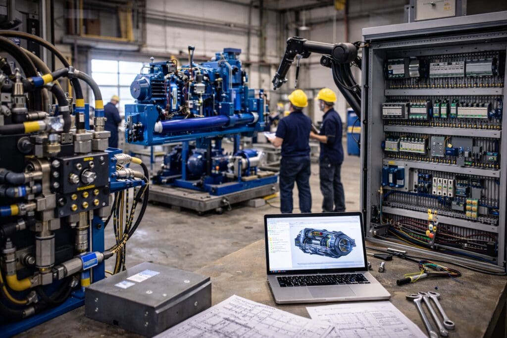 Ingeniører arbejder med maskinkonstruktion, CAD-design på en laptop og PLC-styring i et industrielt værksted hos Phidan Engineering.