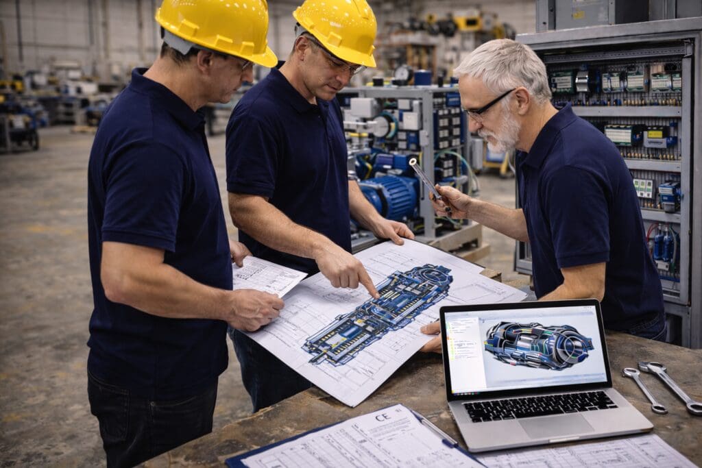 Tre ingeniører fra Phidan Engineering gennemgår tekniske tegninger og en 3D CAD-model af et komplekst maskindesign i et værksted.