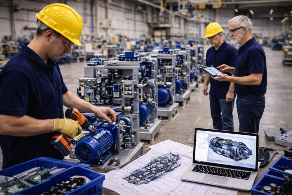 Teknikere og ingeniører hos Phidan Engineering arbejder med serieproduktion, maskinkonstruktion og teknisk dokumentation på et værksted.