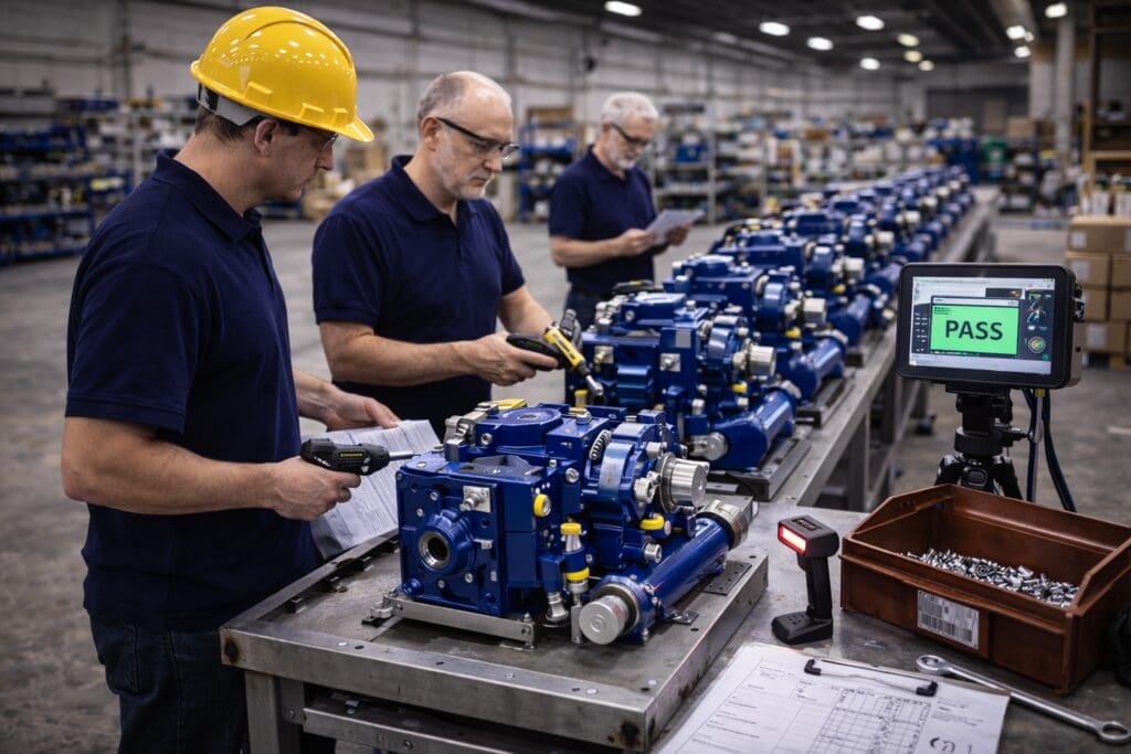 Tre teknikere hos Phidan Engineering arbejder med serieproduktion og kvalitetssikring af blå mekaniske maskindele på en fabrik.
