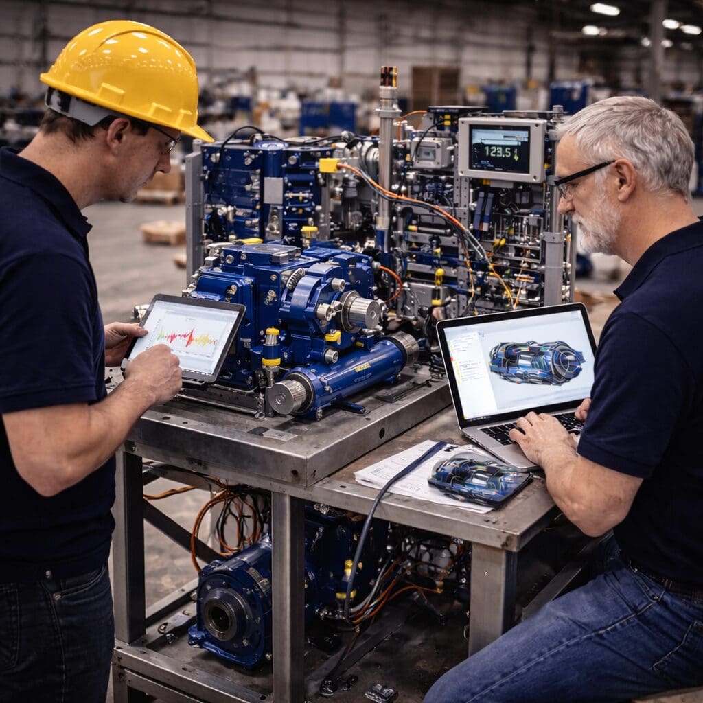 To ingeniører arbejder på en kompleks maskinprototype med CAD-design på bærbar computer og datalogning på tablet i et værksted.