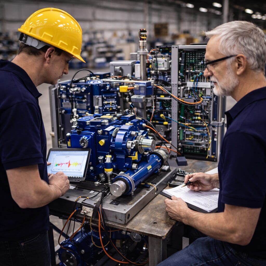 To ingeniører fra Phidan Engineering arbejder på en kompleks mekanisk prototype med tablet og dokumentation i et værksted.