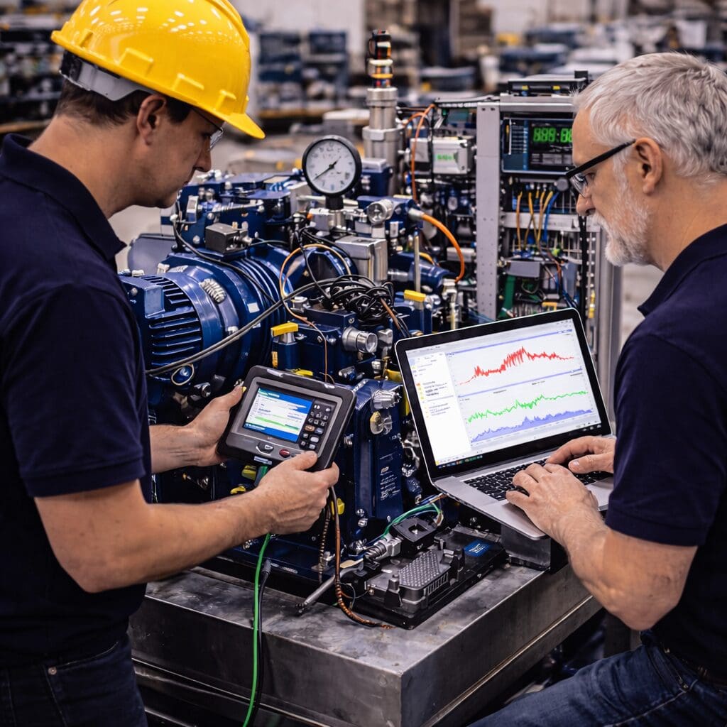 To ingeniører fra Phidan Engineering udfører teknisk service, datalogning og fejlfinding på en blå industrimaskine med laptop og tablet.