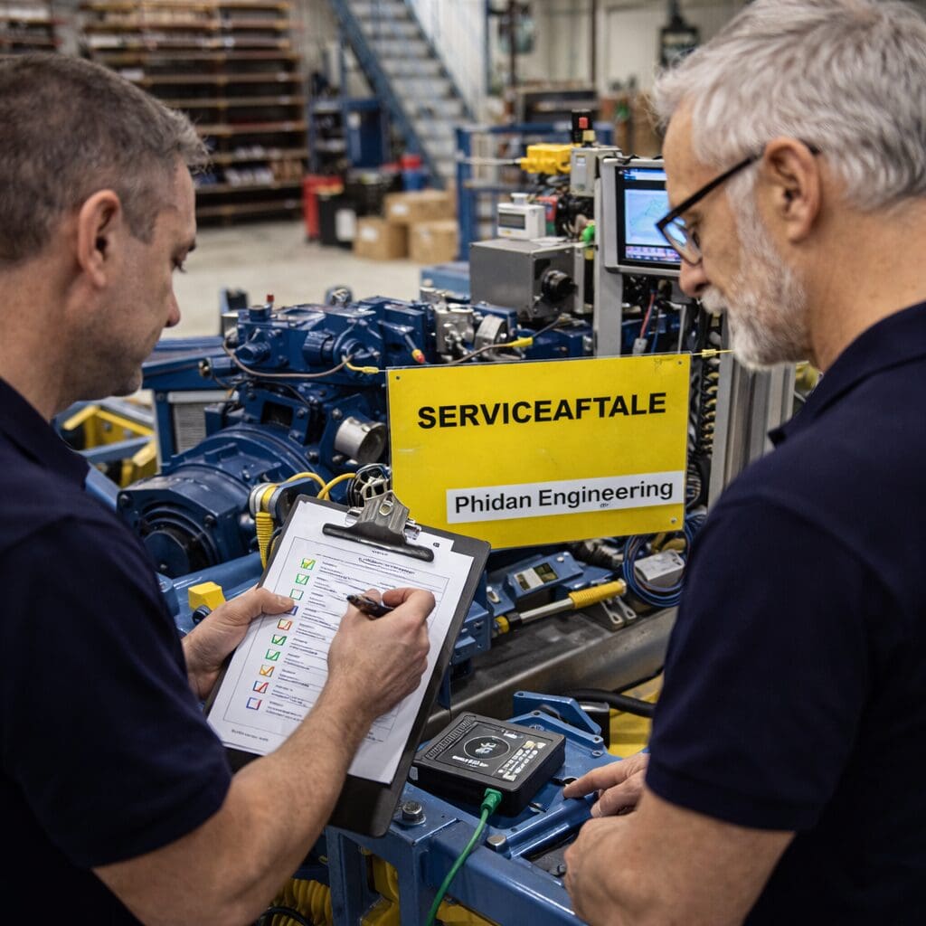 To ingeniører fra Phidan Engineering gennemgår en tjekliste ved en maskine med et gult skilt, hvor der står 'Serviceaftale'.