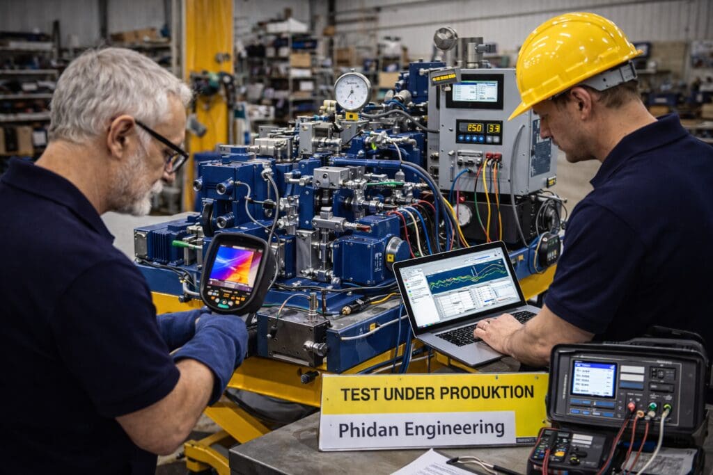 To ingeniører fra Phidan Engineering udfører test og support på en kompleks maskine med termisk kamera og datalogning under produktion.
