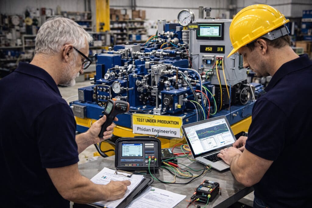 To ingeniører fra Phidan Engineering udfører test og support på en kompleks hydraulisk maskine under produktion