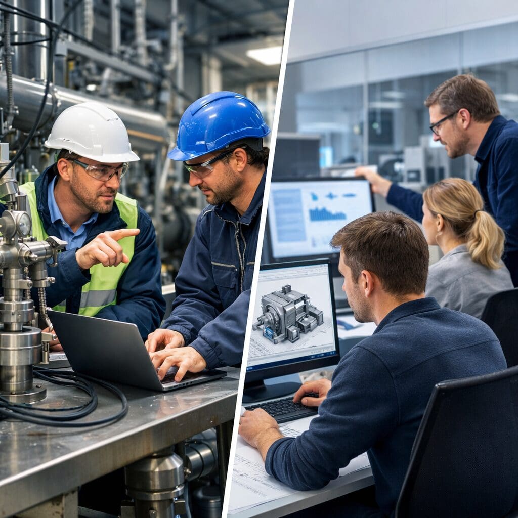 Ingeniører der arbejder med maskinkonstruktion on-site på et værksted og off-site med CAD-design på kontoret.