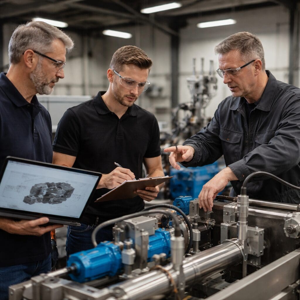 Tre ingeniører fra Phidan Engineering gennemgår maskinkonstruktion og CAD-modeller under on-site rådgivning i et værksted.