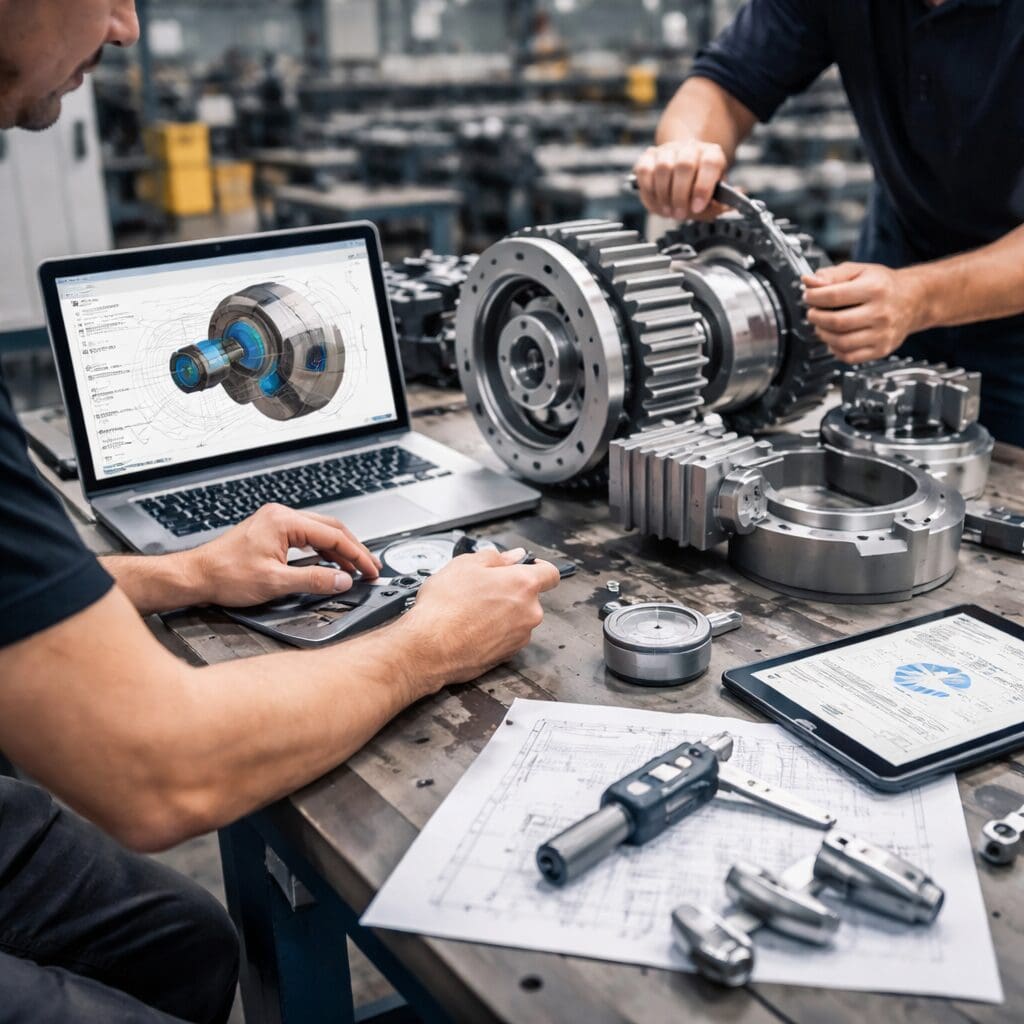 Ingeniør arbejder med 3D CAD-maskindesign og mekaniske komponenter på et værksted med tekniske tegninger.