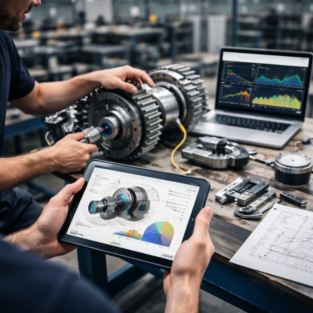 Ingeniør arbejder med mekanisk konstruktion, CAD-tegning på tablet og dataanalyse til produktudvikling af maskinkomponenter.
