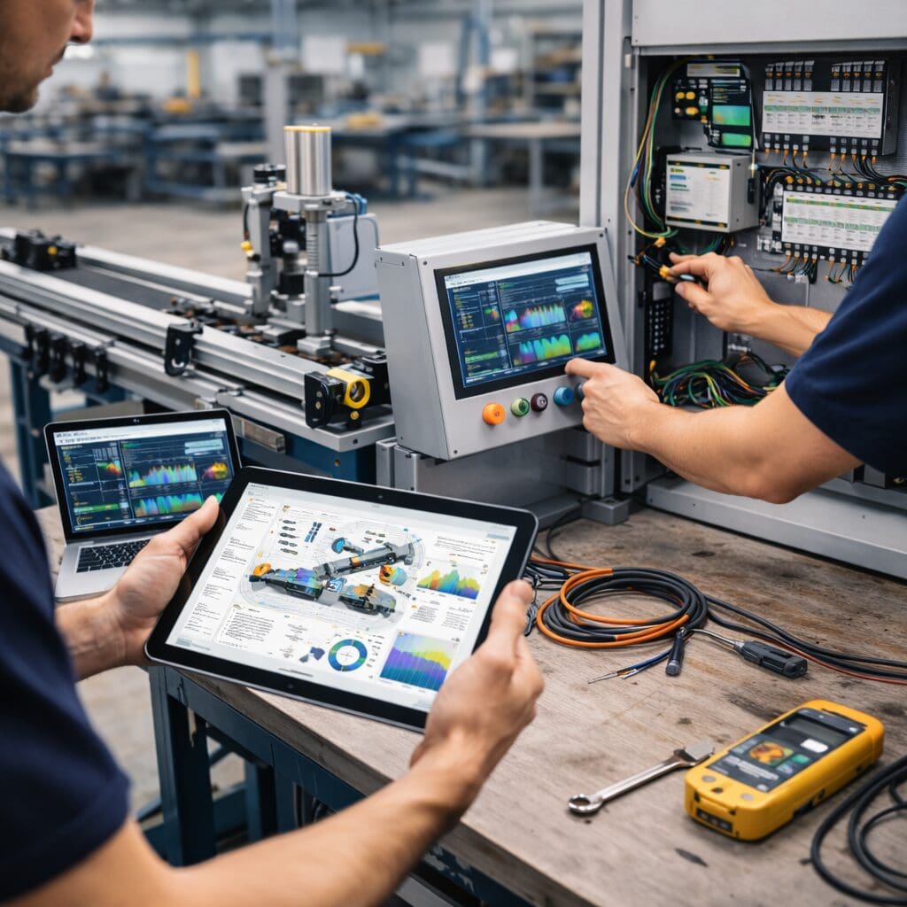Ingeniører der arbejder med automation, softwareudvikling og PLC programmering på en maskine med tablet og kontrolpanel.