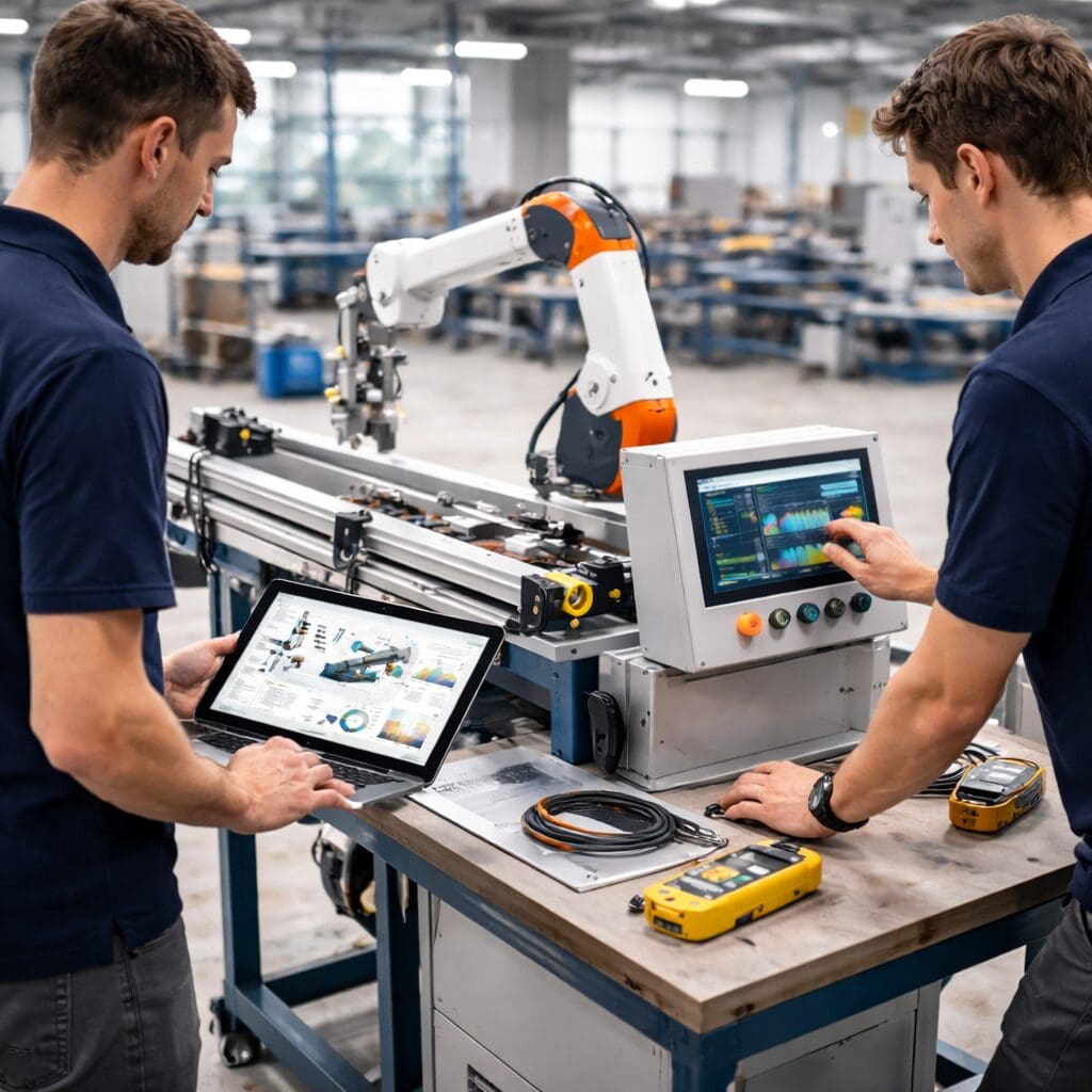 To ingeniører fra Phidan Engineering arbejder med softwareudvikling, PLC programmering og test af en robotarm i et industrielt miljø.