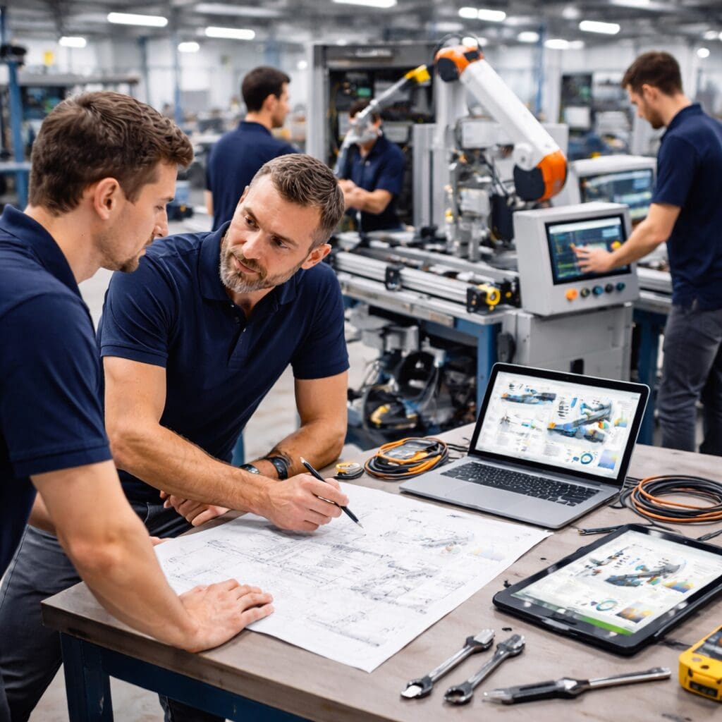 To ingeniører i dialog over tekniske tegninger og digitale data i et moderne produktionsmiljø med fokus på projektledelse.