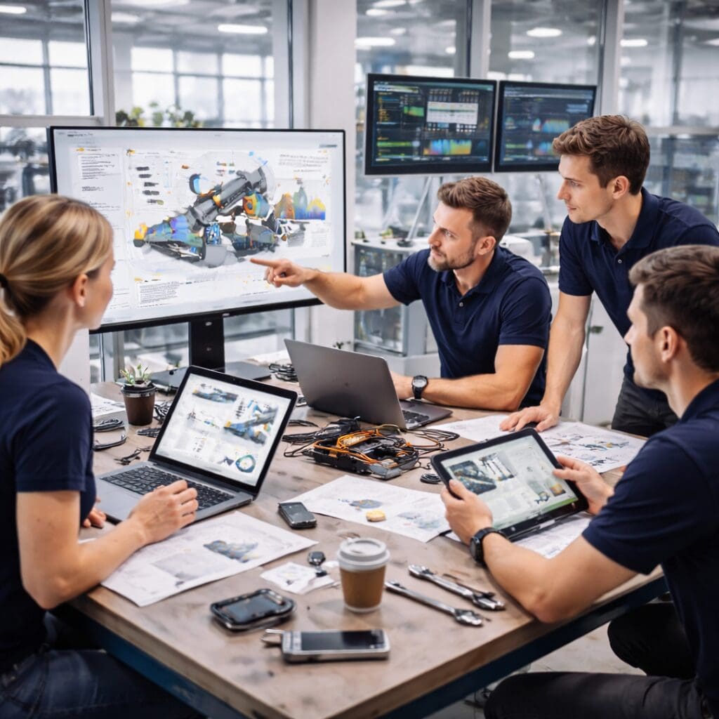 Et team af ingeniører fra Phidan Engineering samarbejder om projektledelse og maskinkonstruktion ved hjælp af CAD-tegninger og avanceret software.