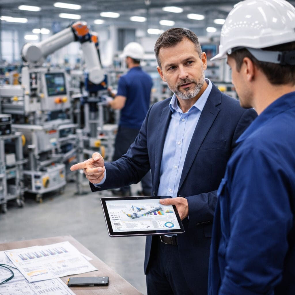 En interim leder fra Phidan Engineering i dialog med en tekniker på en fabrik, mens han fremviser tekniske tegninger på en tablet.