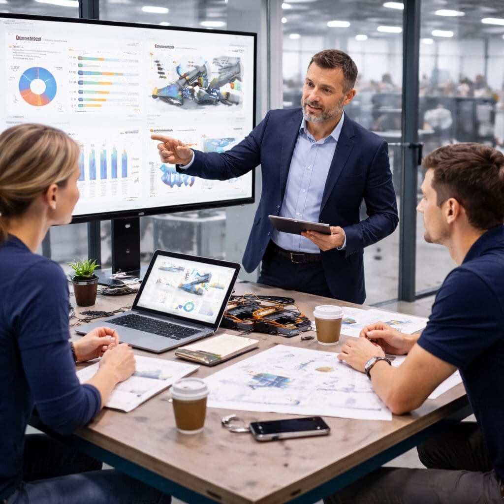 Professionelt teammøde om forretningsudvikling og produktudvikling hos Phidan Engineering, med fokus på maskinkonstruktion og teknisk dokumentation.