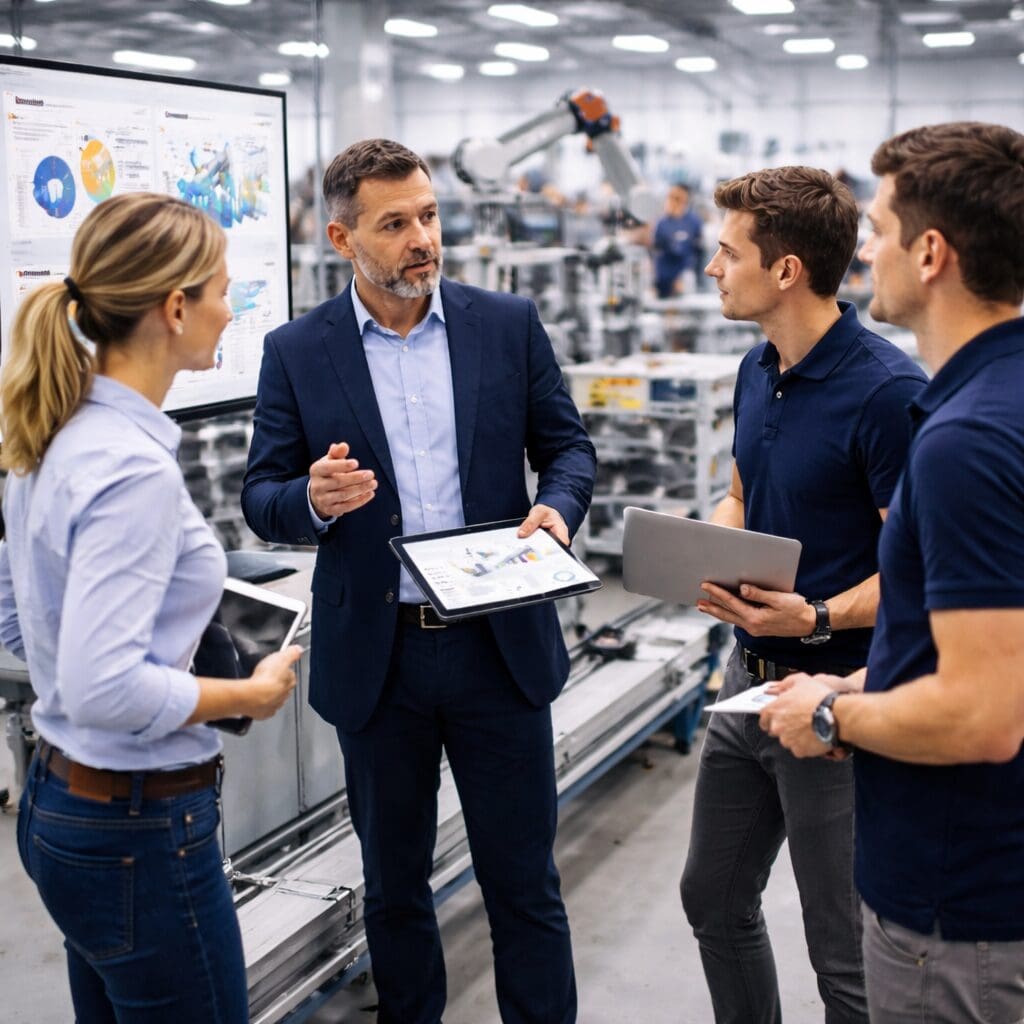 En konsulent fra Phidan Engineering præsenterer strategisk forretningsudvikling og tekniske løsninger på en tablet for et team i en moderne produktionshal.