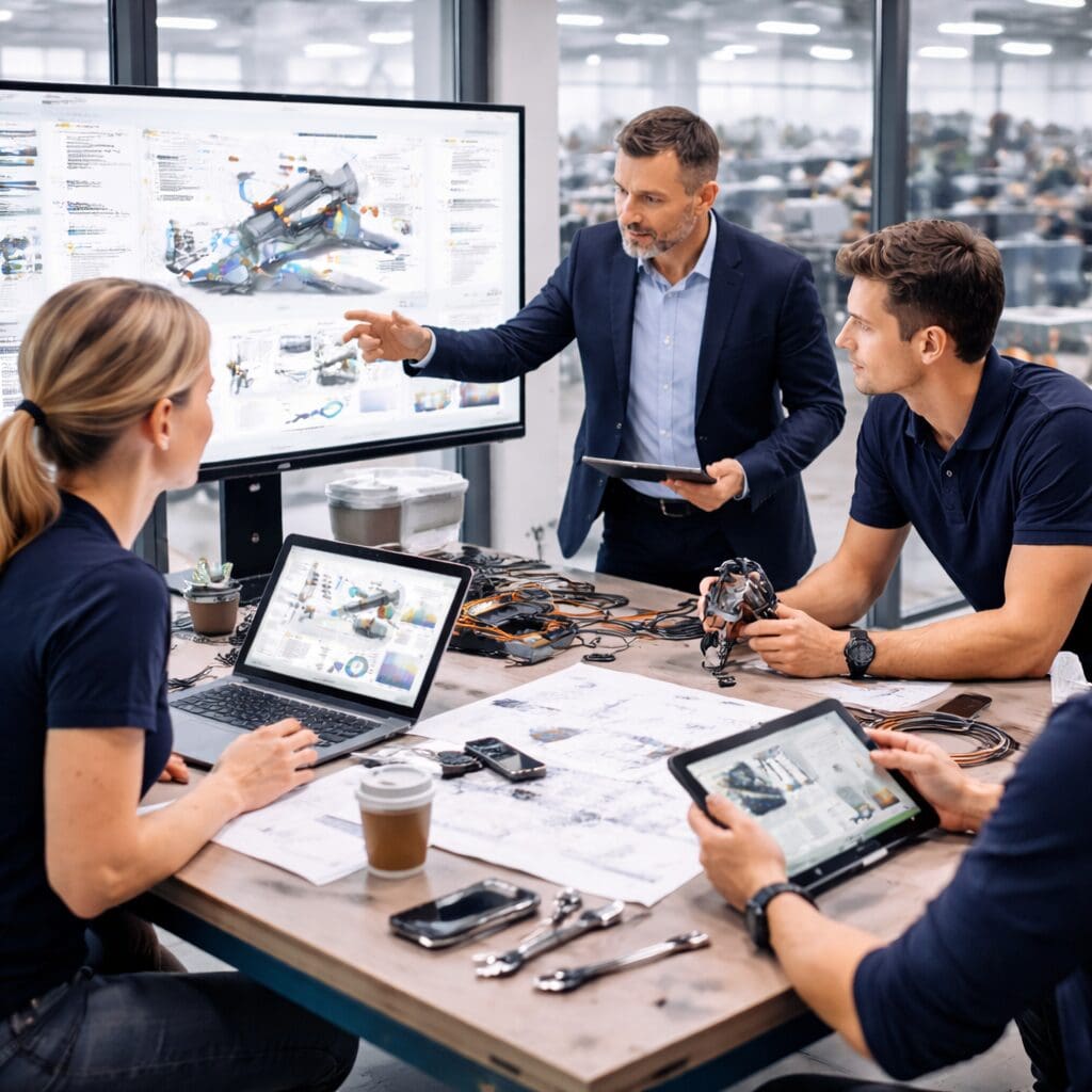 Et team af ingeniører diskuterer maskinkonstruktion og produktudvikling foran en skærm med CAD-tegninger.
