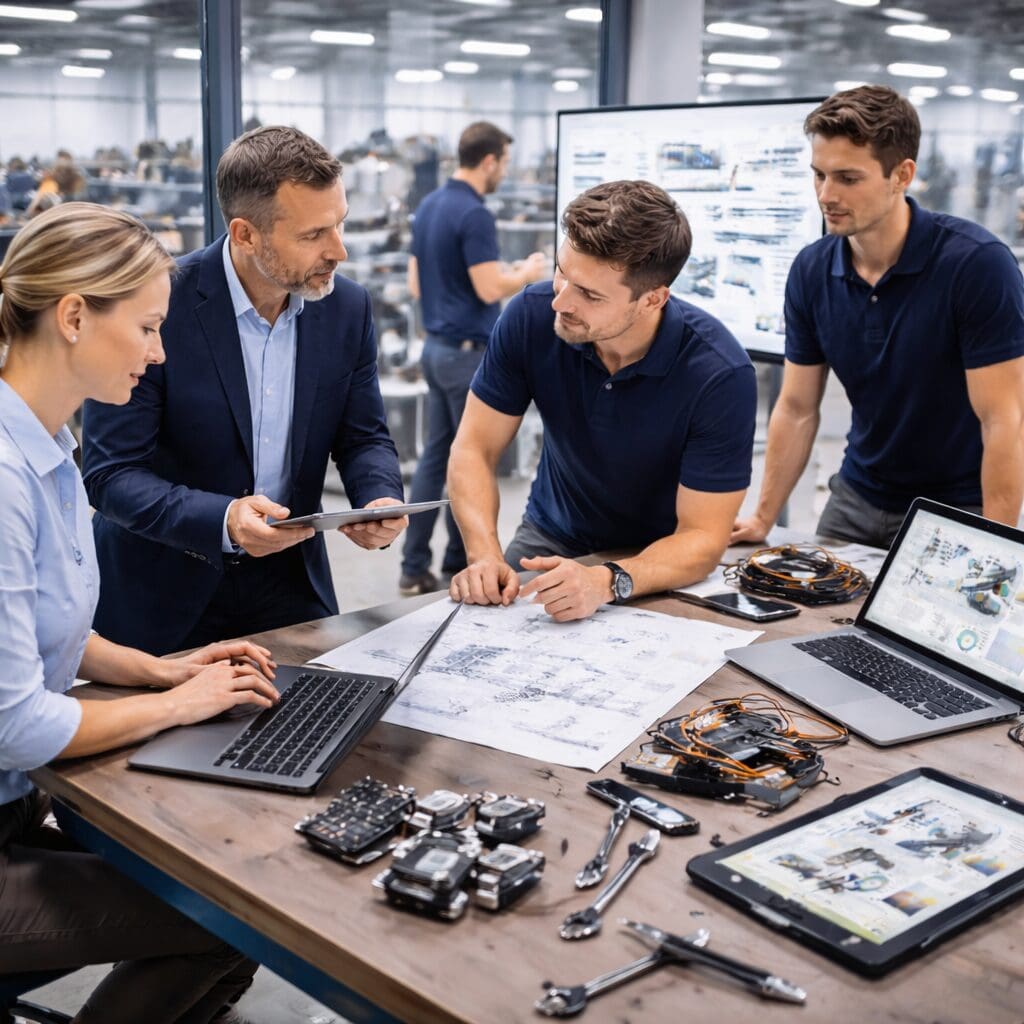 Team af ingeniører og konsulenter diskuterer maskinkonstruktion og produktudvikling med tekniske tegninger, laptops og prototyper i et moderne udviklingsmiljø.