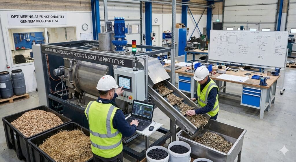 To ingeniører fra Phidan Engineering tester en prototype af et pyrolyseanlæg til biochar-produktion i et værkstedsmiljø.
