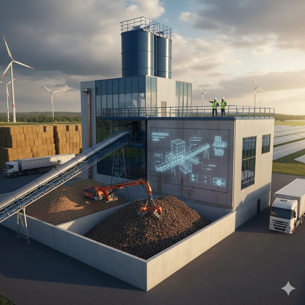 Illustration af et moderne industrianlæg til 2. generations materialer med transportbånd, CAD-blueprint og vedvarende energi, designet af Phidan Engineering.