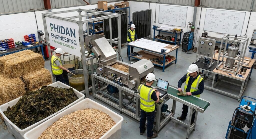 Ingeniører hos Phidan Engineering arbejder på maskinkonstruktion og prototypeudvikling af biomasse-anlæg i et testværksted.
