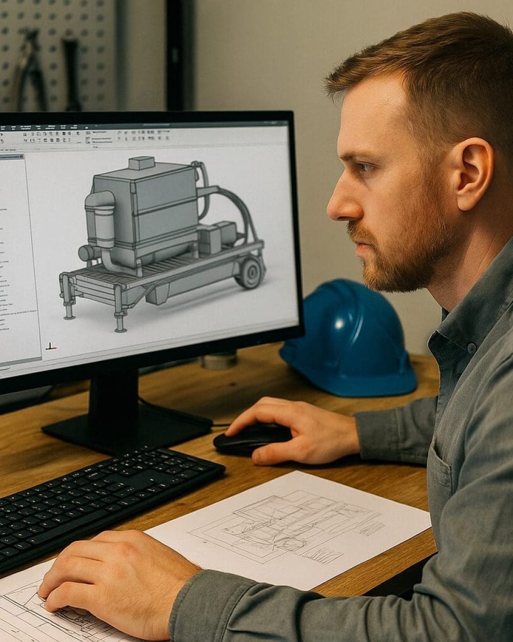 Maskindesign hos Phidan Engineering Ingeniør arbejder med 3D-maskindesign på computer hos Phidan Engineering.