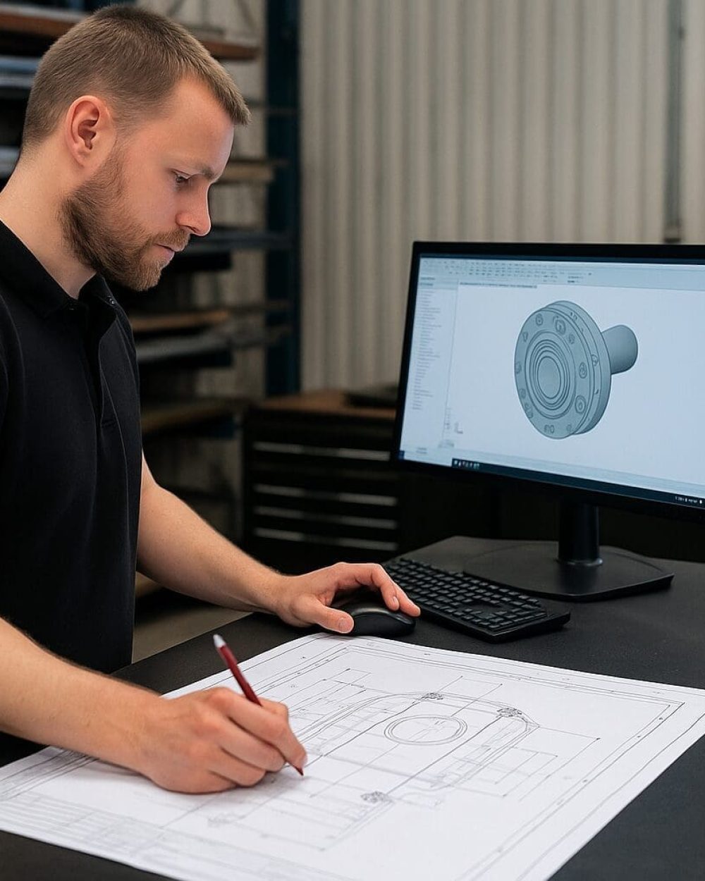 Ingeniør arbejder med 3D-design og tegninger Ingeniør hos Phidan Engineering visualiserer maskinkonstruktion på computer og gennemgår tekniske tegninger.