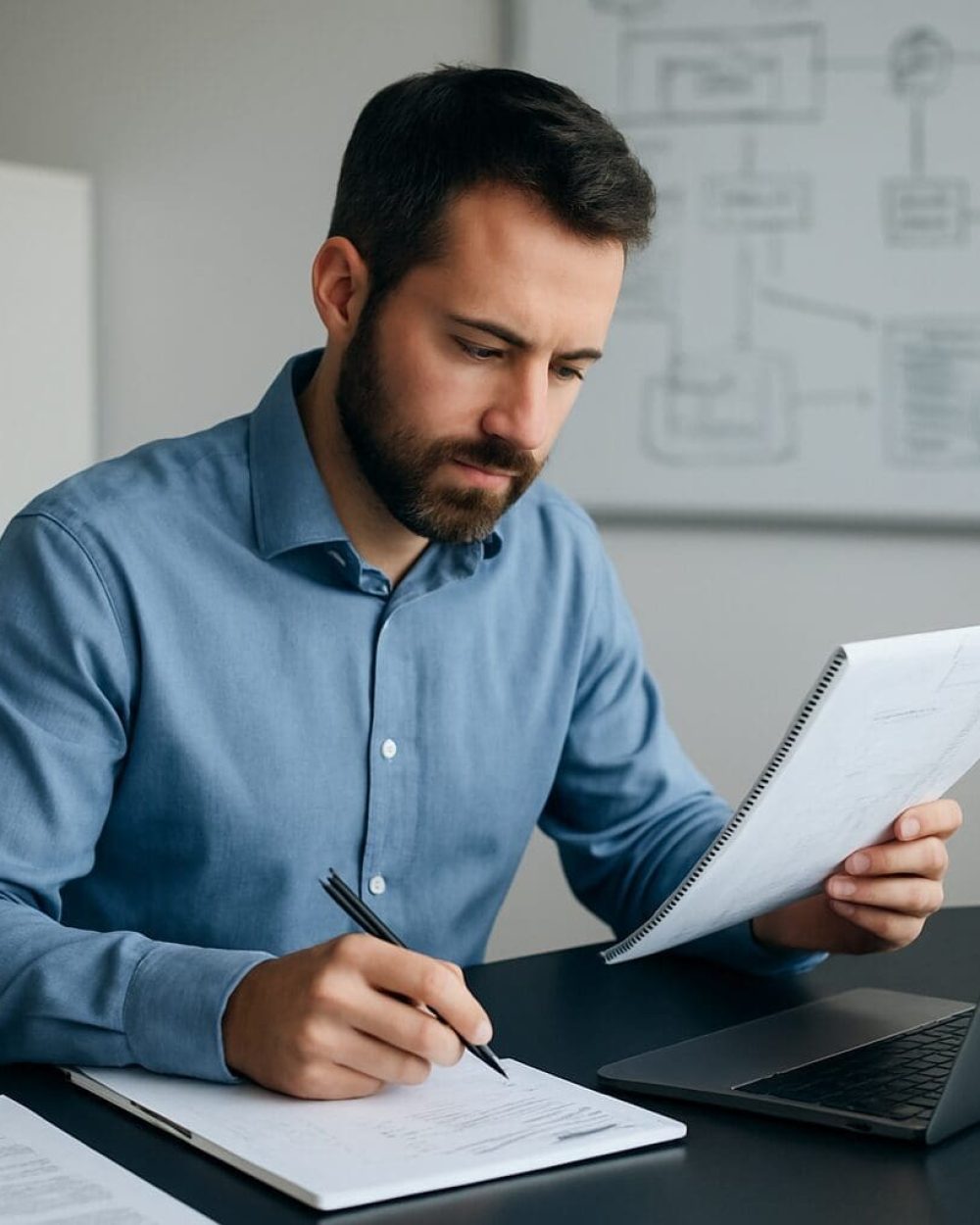 Phidan Engineering: Teknisk rådgivning og udvikling Mand hos Phidan Engineering arbejder med papirer og laptop, symboliserer teknisk rådgivning og produktudvikling.