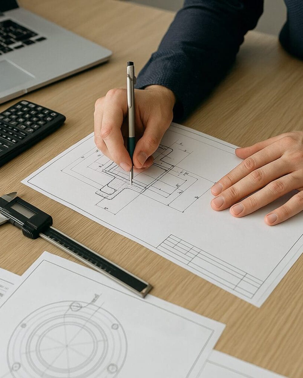 Phidan Engineering: Teknisk tegning og udvikling Ingeniør tegner teknisk skitse med pen, ved siden af computer, lommeregner og skydelære.