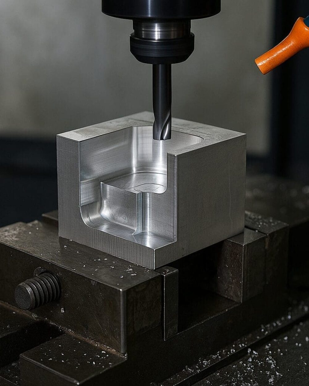CNC fræsning af prototyper og komponenter til maskinkonstruktion Nærbillede af præcis CNC fræsning af en metalkomponent til maskindesign og prototyper hos Phidan Engineering.