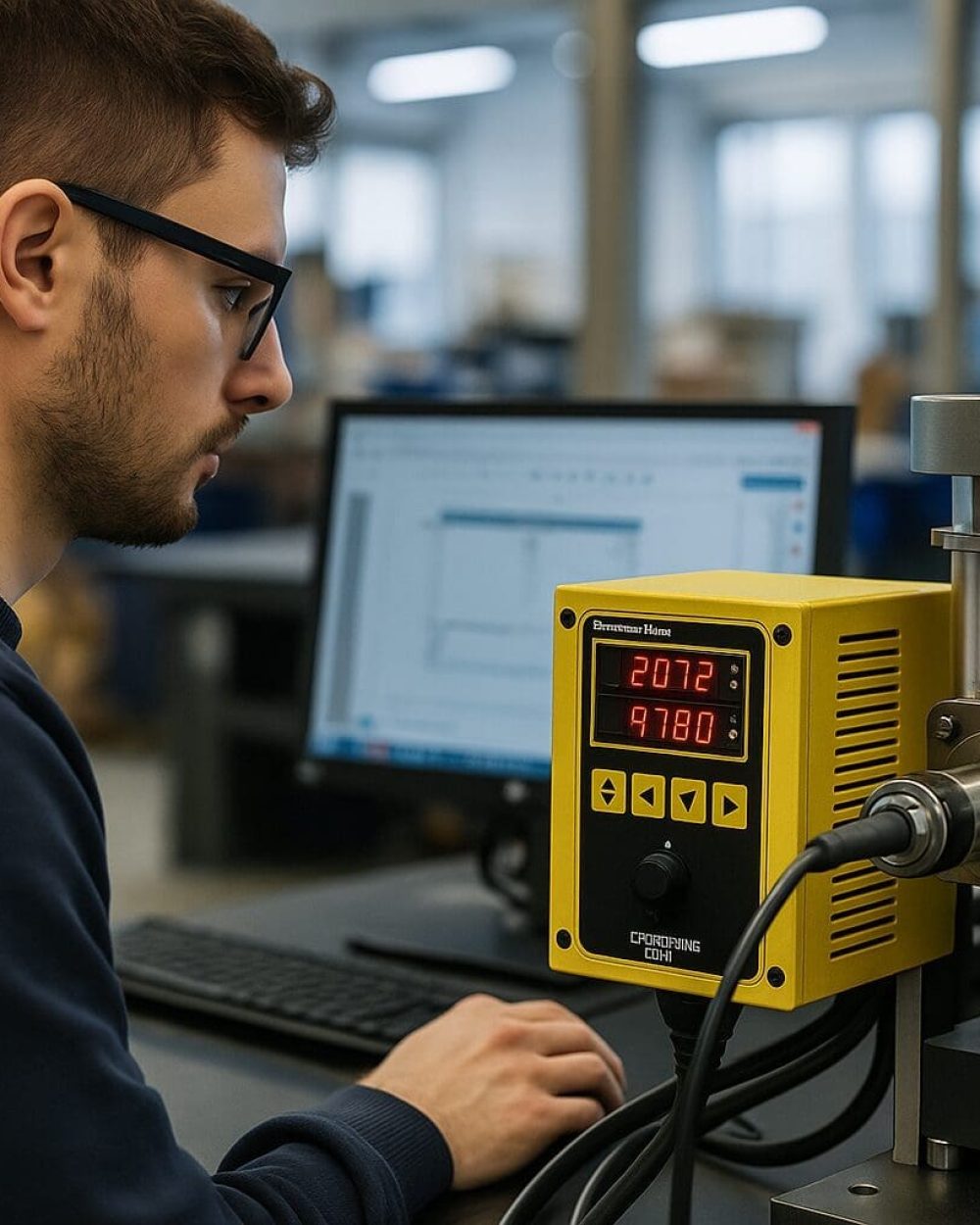 Ingeniørrådgivning og Produktudvikling hos Phidan Engineering En ingeniør udfører test og validering af en prototype med digitalt måleudstyr som led i produktudvikling og mekanisk konstruktion hos Phidan Engineering.
