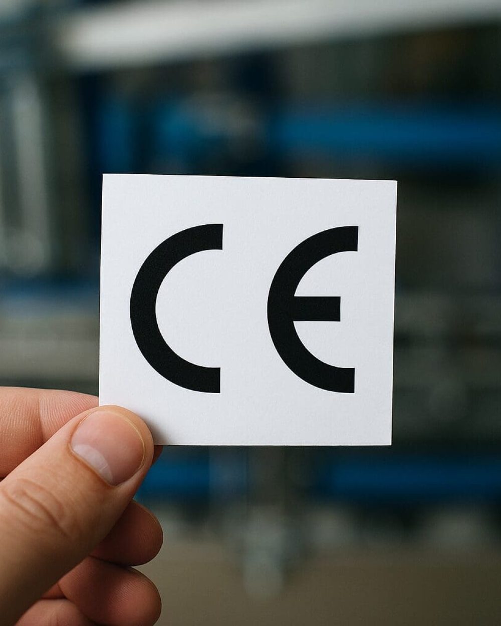 CE-mærkning og teknisk dokumentation | Phidan Engineering En hånd holder et hvidt kort med det sorte CE-mærke foran en industriel baggrund