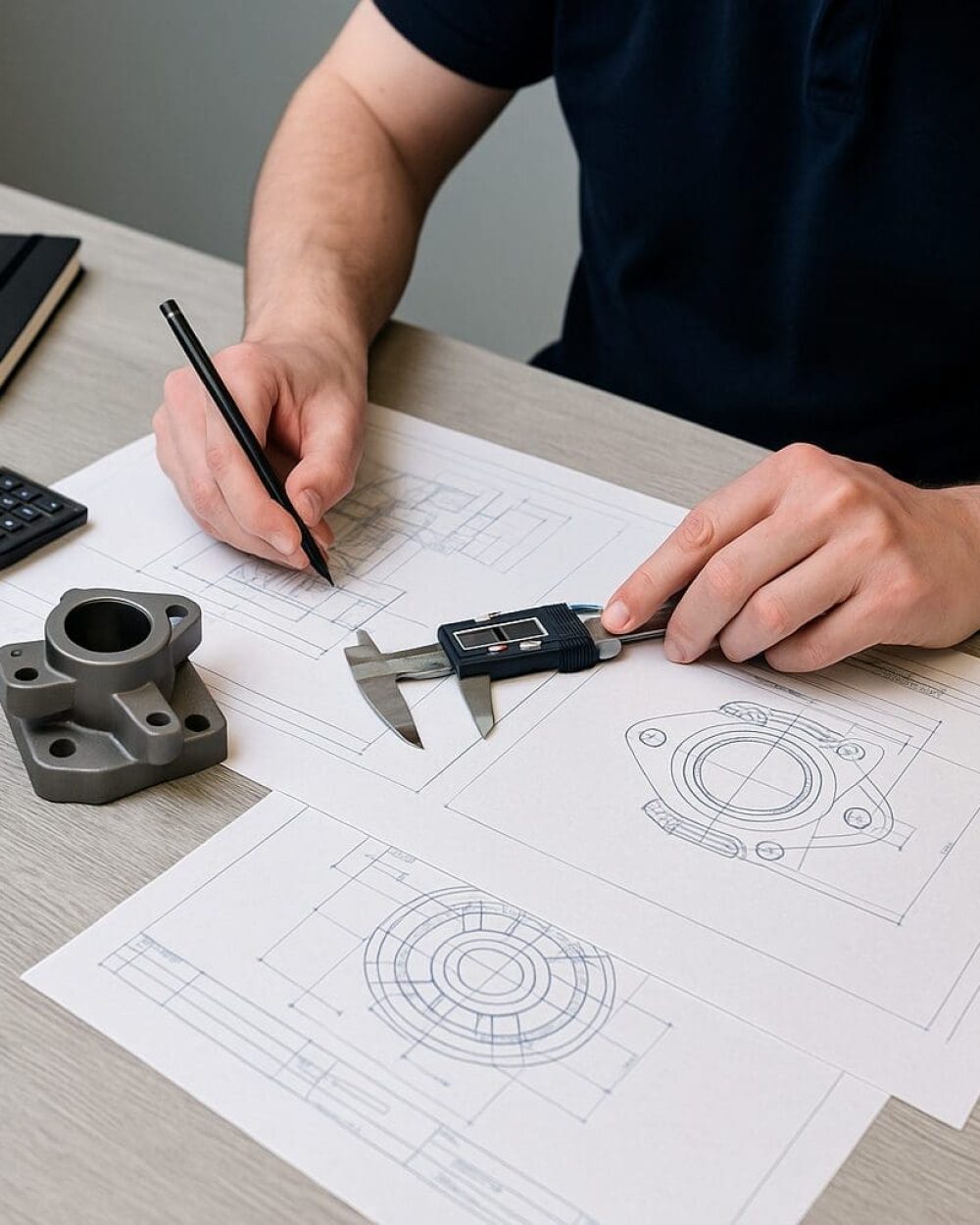 Ingeniørrådgivning og produktudvikling hos Phidan Engineering En ingeniør arbejder med mekanisk konstruktion, tekniske tegninger og opmåling med skydelære til produktudvikling.