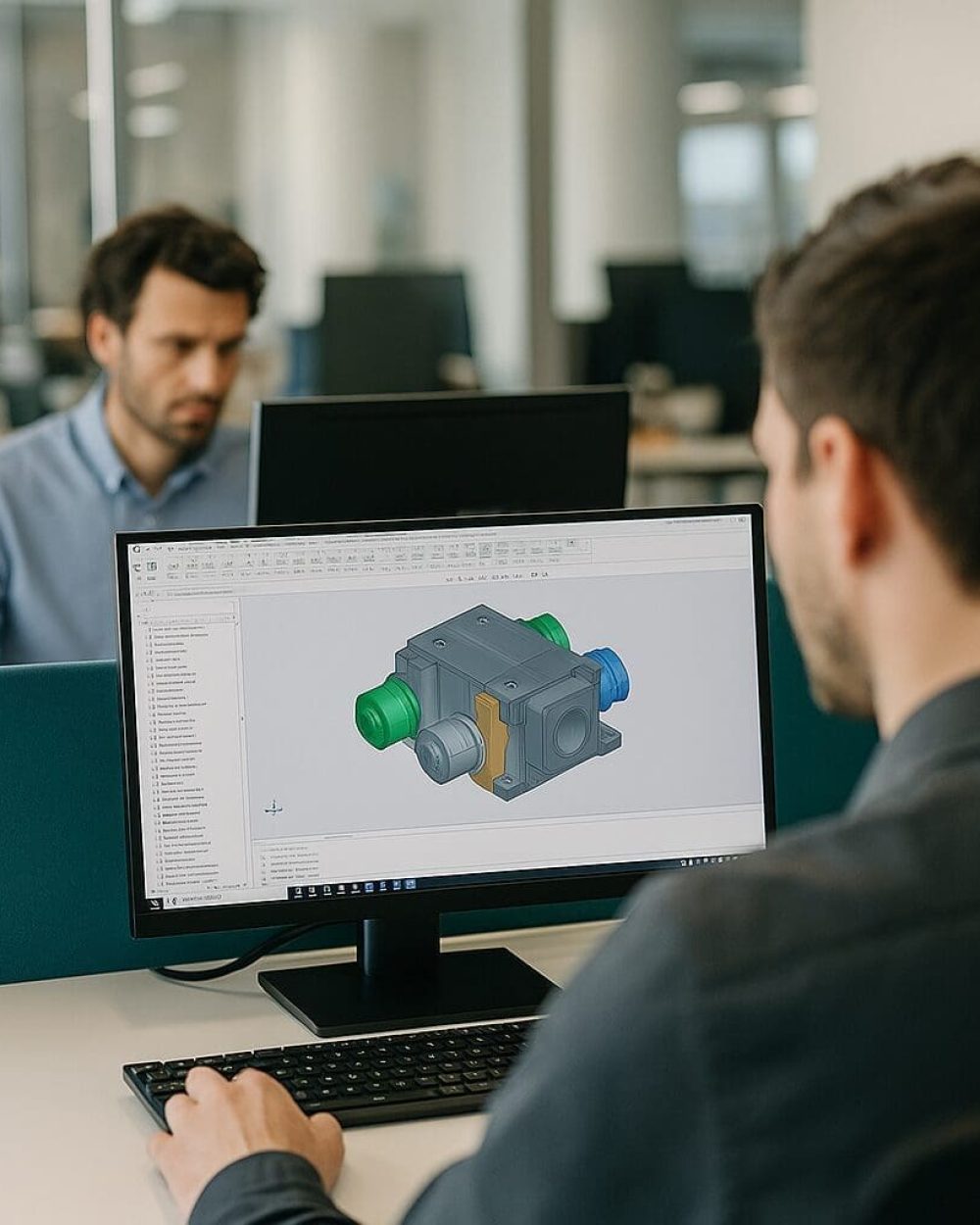 Professionel CAD konstruktion og maskindesign hos Phidan Engineering Ingeniør hos Phidan Engineering arbejder med mekanisk CAD konstruktion af en kompleks maskindel på en computer.