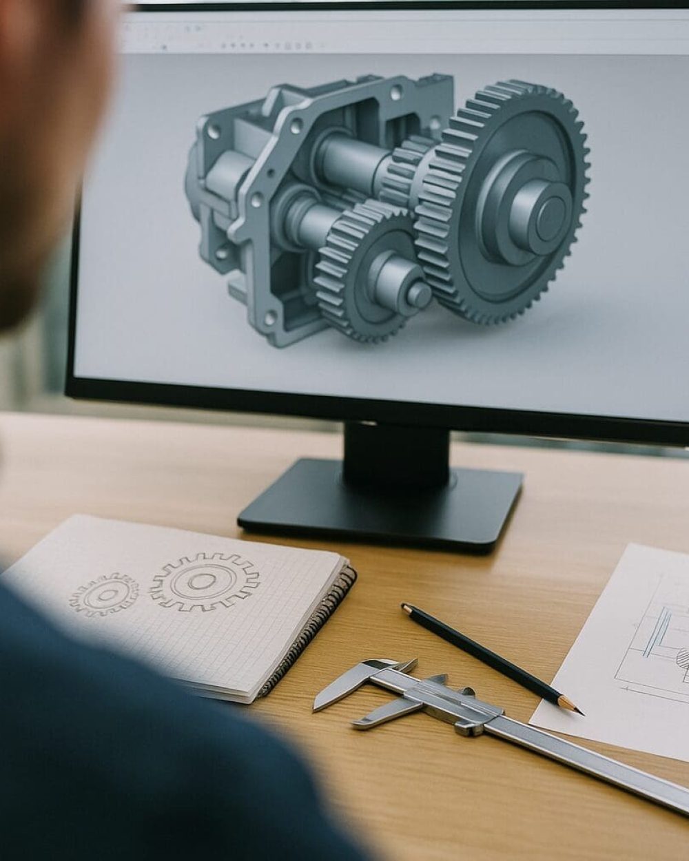 Maskinkonstruktion og produktudvikling hos Phidan Engineering En ingeniør arbejder med 3D CAD-konstruktion af en gearkasse på en computerskærm med tekniske skitser og skydelære på bordet.