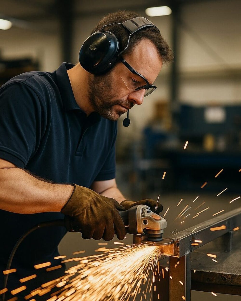 Prototyping og maskinkonstruktion hos Phidan Engineering Tekniker fra Phidan Engineering arbejder på en metalprototype med vinkelsliber i et professionelt værkstedsmiljø.