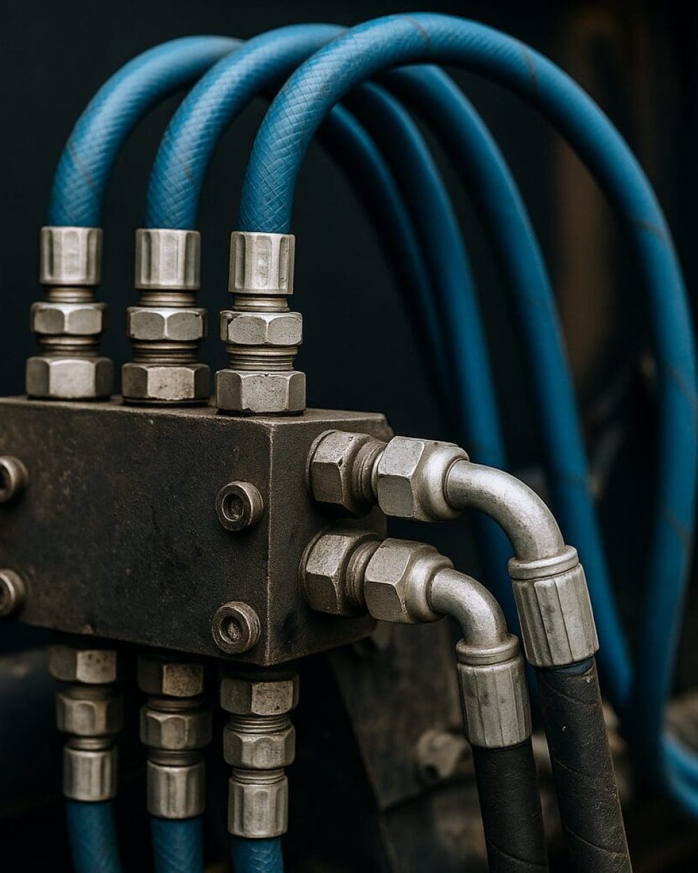 Eksperter i hydraulik og maskinkonstruktion | Phidan Engineering Nærbillede af hydraulikblok med blå og sorte slanger, der illustrerer Phidan Engineerings ekspertise inden for hydraulisk dimensionering og maskindesign.