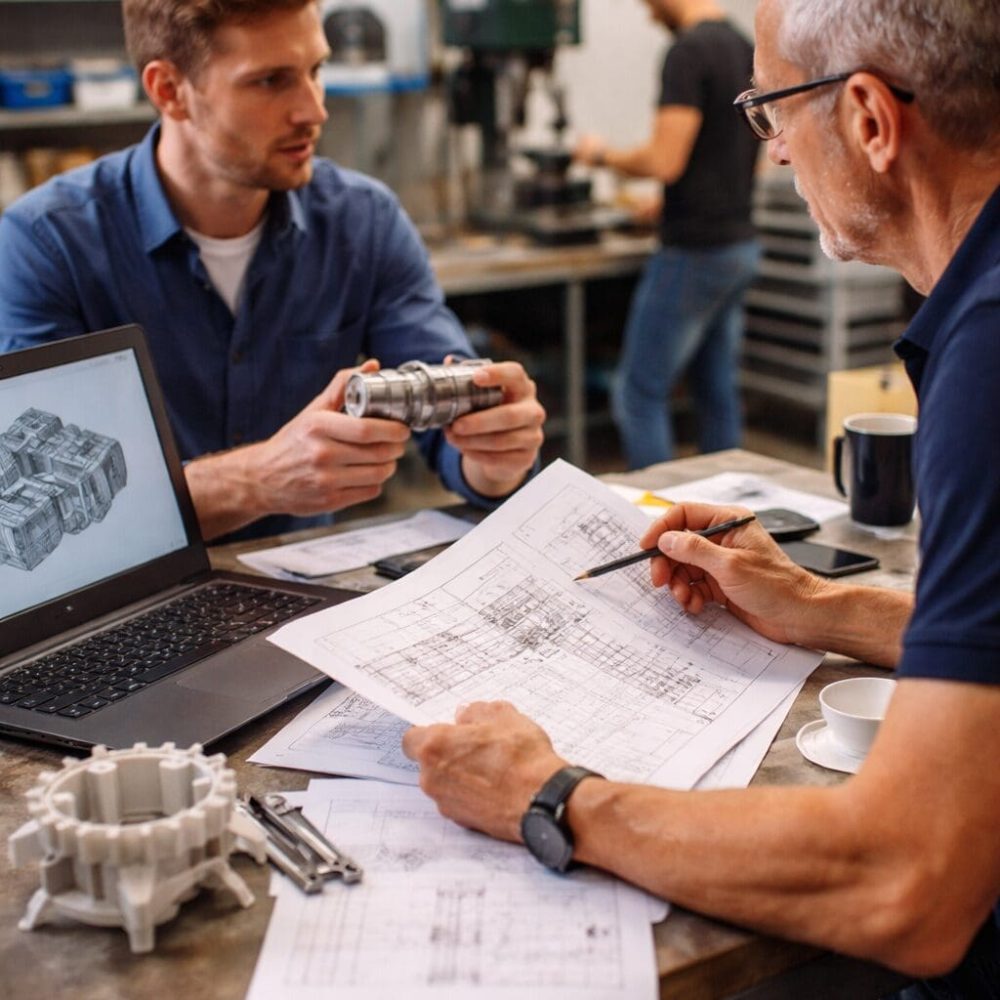 To ingeniører i dialog om mekanisk konstruktion og produktudvikling med tekniske tegninger, CAD-model på laptop og fysiske prototyper i et værksted.