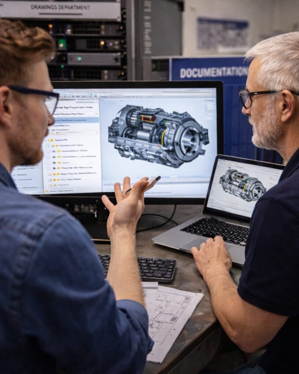 Fil- og datahåndtering af CAD-modeller og teknisk dokumentation – Phidan Engineering To ingeniører gennemgår komplekse 3D CAD-modeller og teknisk dokumentation i en tegnestue hos Phidan Engineering.