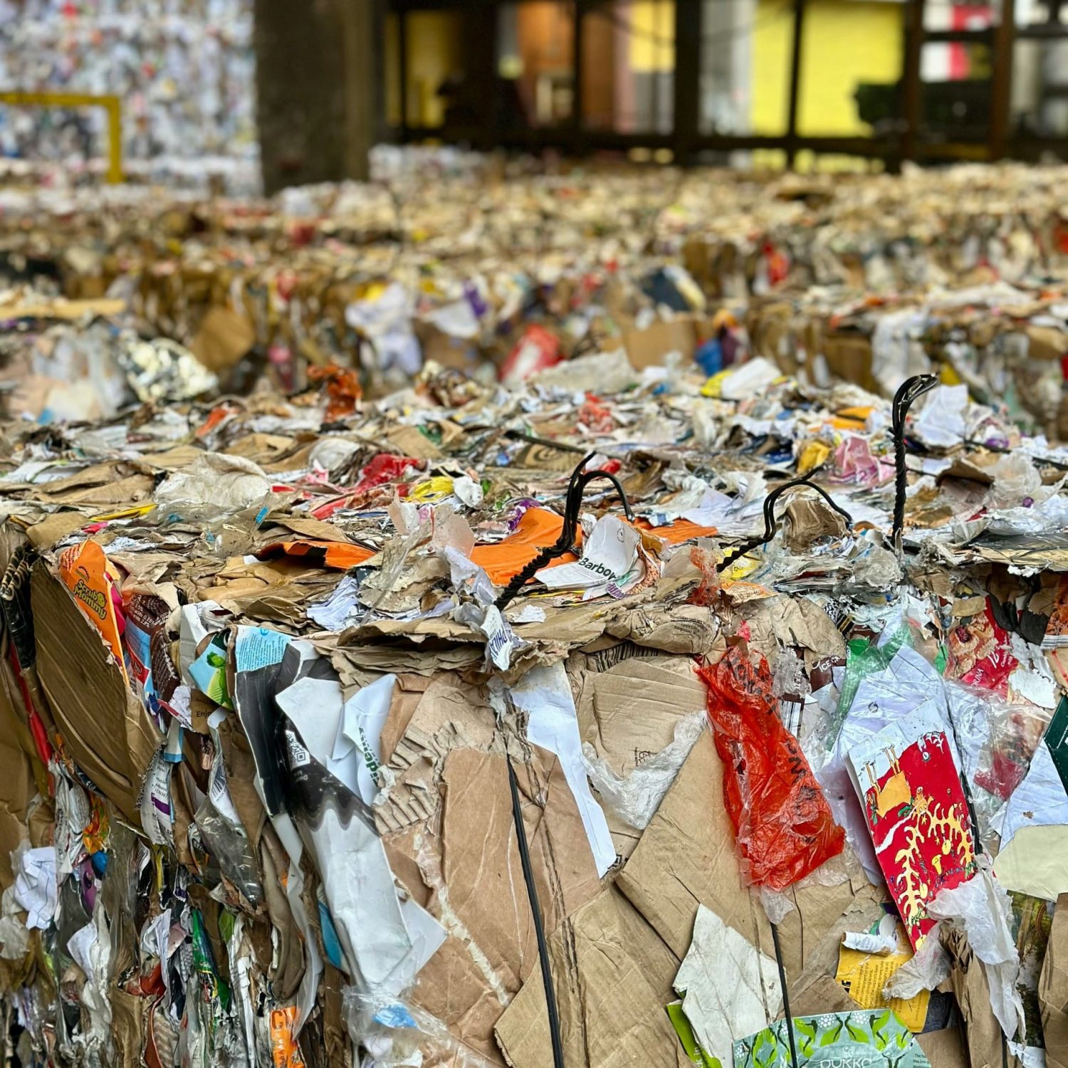 Sammenpressede baller af genbrugsmateriale og pap i et industrielt anlæg til materialehåndtering og recycling.