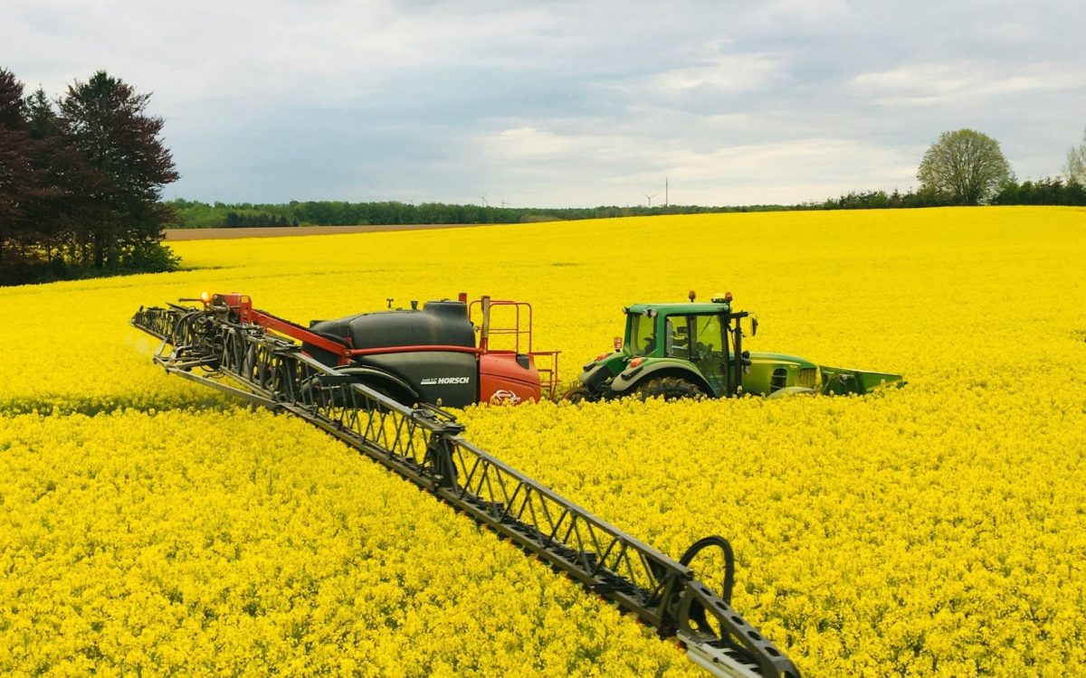 En grøn traktor med en avanceret Horsch marksprøjte i en gul rapsmark, der demonstrerer maskinkonstruktion og automation